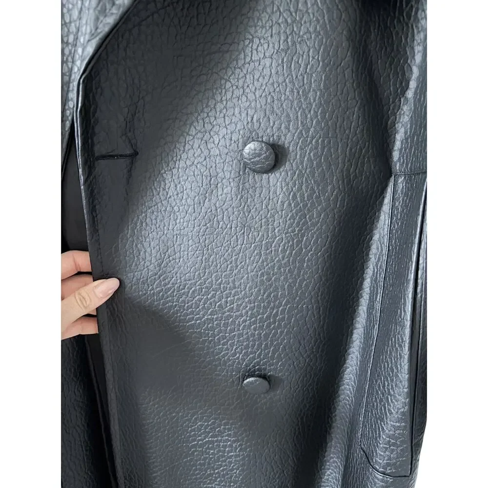 Black Faux Leather Trench Coat Women Long Belted Classic Jacket Stylish Outerwea - Picture 10 of 10